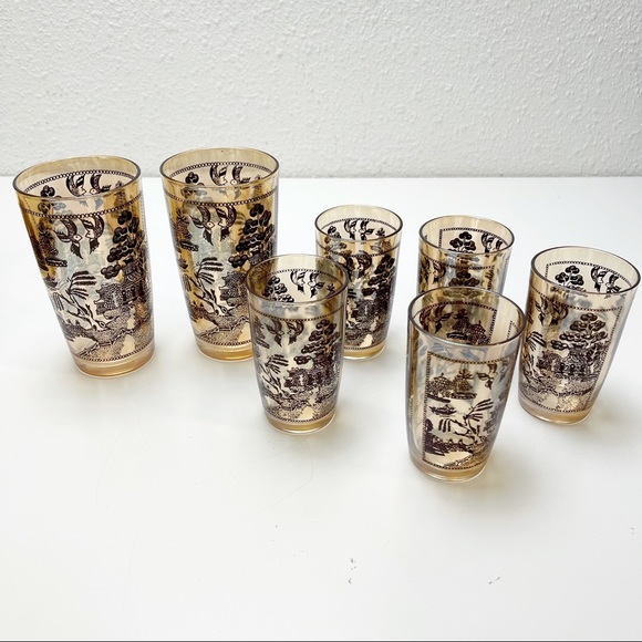Set 7 Vtg MCM Asian Landscape Glasses Juice Tumble
